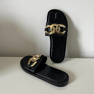 Zara Black Sandals With Gold Chain Embellishments NEW